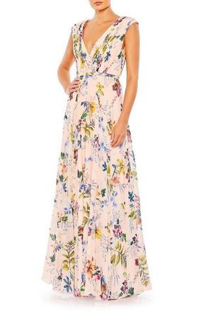 Mac Duggal Pleated Floral Cap Sleeve A Line Gown in Pink Multi at Nordstrom, Size 4