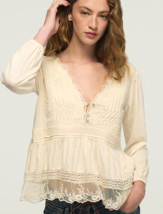 Lucky Brand Womens Embroidered Yoke Tiered Knit Top