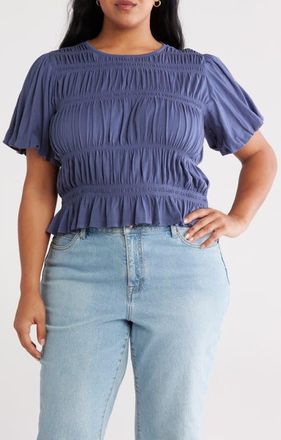 Treasure & Bond Shirred Puff Sleeve Cotton Top in Blue Indigo at Nordstrom, Size 2X