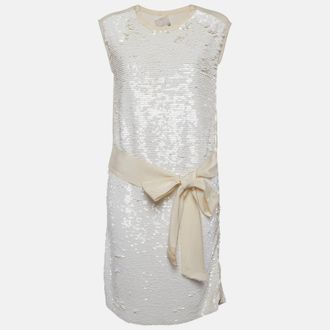 Lanvin White Crepe Sequins Crew Neck Mini Dress