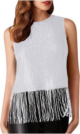 Generic Womens Sequin Tops Glitter Fringe Party Vest Sleeveless Sparkle Blouse Womens Sequin Tank Top Fashion Crew Neck Wide Cami Vests Elegant Casual Night O