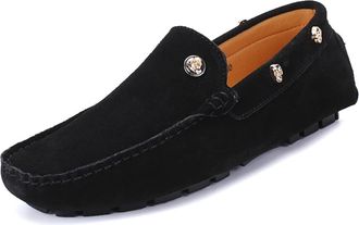 Generic Mens Loafers Shoes Suede Vamp with Rivet Stitching Details Genuine Leather Round Toe Flexible Anti-Slip Comfortable Casual Slip On(Black,5.5 UK)