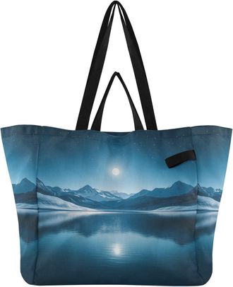 Generic Mountain Lake Moonlight Blue pattern Reusable Canvas Tote Bag, Heavy Duty Grocery Shopping Bag with Double Handles Large Capacity Hard Bottom Work Gro