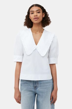 Ganni White Cotton Poplin V-neck Ruffle Blouse - Size 14 Organic