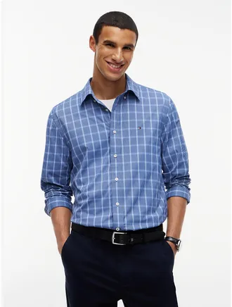 Tommy Hilfiger Mens Regular Fit TH Performance Windowpane Shirt - Clearwater - XXL