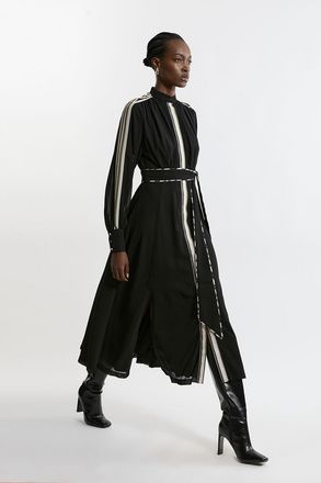 Karen Millen Womens Military Mono Stripe Balloon Sleeve Maxi Dress - Monochrome Multi - Size 10 UK