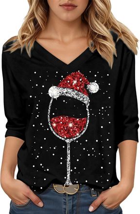 Generic 2026 Christmas Shirts for Women UK Funny Red Wine Glass Graphic Xmas Jumpers Cute Snowflake Print Ladies Tshirts Cotton 3/4 Length Sleeve Womens Tunic