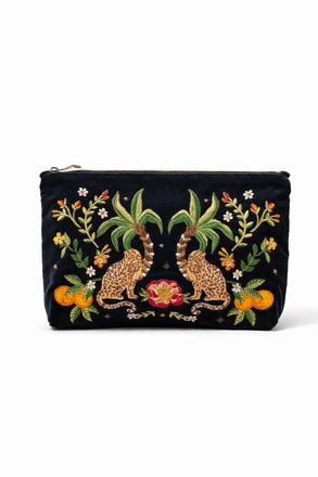 Elizabeth Scarlett Tropical Jaguar Velvet Everyday Pouch in Charcoal at Nordstrom