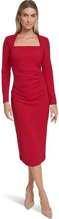 Calvin Klein Scuba Crepe Long Sleeve Midi Sheath Womens Dress Red : 12, Polyester/Spandex