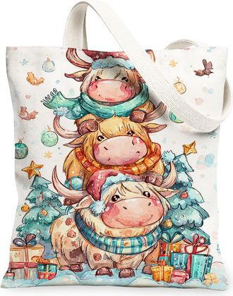 Generic Cute Cow Canvas Tote, Festive Animal Print Reusable Grocery Bags, Winter Lightweight Washable Shoulder Strap Bags for Trave, White, 13x15 Inch