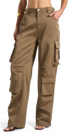 Mani&egrave;re De Voir Emilie Satin High Waisted Cargo Pants in Dark Olive at Nordstrom, Size 12