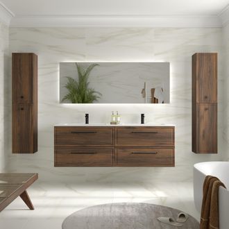 Cygnus Bath Mueble De Ba&ntilde;o Runa 160cm Nogal 4 Cajones Lavabo Vilna 2 Pozas Solid Surface