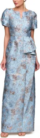 JS Collections Daria Floral Puff Sleeve Column Gown in Blue Gold at Nordstrom, Size 10