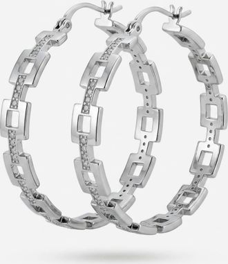 Via Saviene Square Link Pave Hoop Earrings In Silver