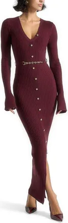Mani&egrave;re De Voir Assia Long Sleeve Knitted Midaxi Dress With Belt in Wine Red at Nordstrom, Size X-Small