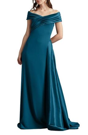 Tadashi Shoji Off the Shoulder Crepe & Taffeta Gown in Cerulean at Nordstrom, Size 14