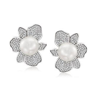 Ross-Simons 11mm Shell Pearl and CZ Floral Earrings in Sterling Silver