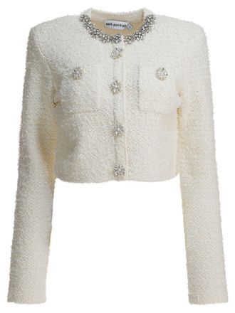 Self Portrait Embellished Wool-Blend Cardigan Knitwear Beige