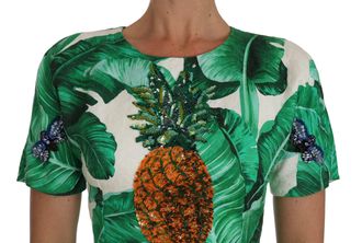 Dolce & Gabbana Womens A-Line Banana Leaf Pineapple Crystal Dress Green Cotton
