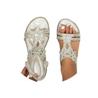 Generic Summer Sandals Women,Sandals for Women,Casual Beach Shoes T-Bar Beads Sandal,Lightweight Slip On Slides Platform Slippers Beach Holiday Summer Elegant