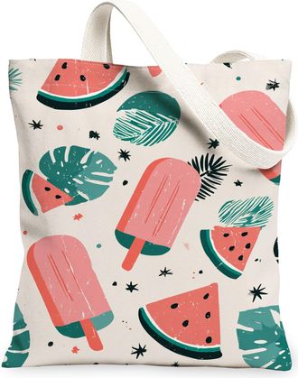 Generic Summer Fruit Canvas Tote Bags, Colorful Popsicle and Watermelon Pattern Reusable Grocery Bags, Lightweight Washable Shoulde, Multicolor, 13x15 Inch