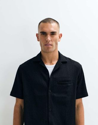 B&eacute;lier Camicia a maniche corte in seersucker testurizzata nera in coordinato-Nero