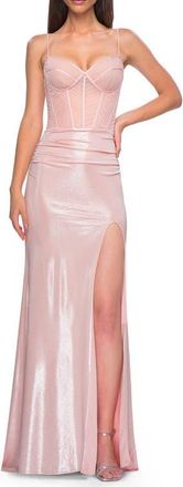 La Femme Metallic Prom Dress with Intricate Ruched Corset Top in Blush at Nordstrom, Size 00