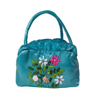 Generic Ethnic Style Tote Bag, Small Purse Wallet, Embroidery Flower Satin Silk Handbag, Zipper Flower Wrist Bag for Women Phone Cosmetic(lake blue)