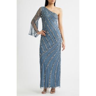 Pisarro Nights Sequin Beaded One-Shoulder Gown in Grey at Nordstrom, Size 10