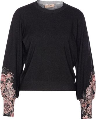 Twin-Set Embroidered Cropped Sweater with Round Neckline and Decorative Sleeves