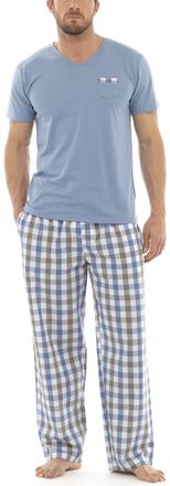 Tom Franks Mens Checked Cotton Mix T-Shirt Long Pyjamas Grey Blue L