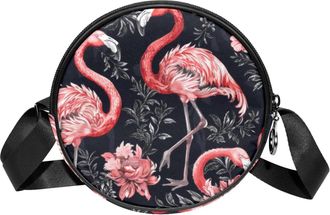 Generic Circle Crossbody Bag for Women, Floral Flamingos Small Sling Bag Daypack with Zipper Adjustable Shoulder Straps Casual Ladies Girls Round Purse