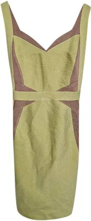 H&eacute;rve L&eacute;ger yellow & beige stretch-knit bandage dress Size S