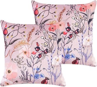 Beliani Conjunto De 2 Cojines De Terciopelo Rosa Violeta Blanco 45 X 45 Cm Floral Anemones