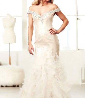 Mac Duggal Off-The-Shoulder Ball Gown With Sequins And Chiffon Ruffles In Ivory/nude