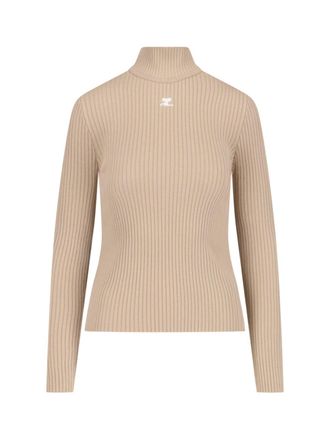 Courr&egrave;ges Beige Ribbed Viscose Blend Turtleneck