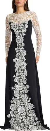 Tadashi Shoji Lace Detail Long Sleeve Crepe Gown in Ivory/Black at Nordstrom, Size 10