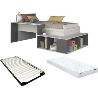 Vente-Unique Letto combinato 90 x 200 cm con vani portaoggetti e scrivania Naturale e Antracite + Rete + Materasso - RIGALI