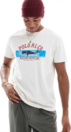 Polo Ralph Lauren T-shirt classica oversize bianco sporco fiammato con stampa del logo con balena