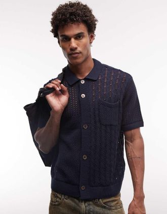 Obey Preston - Camicia in maglia blu navy con bottoni