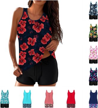 Generic Women 2 Piece Tankini Swimsuits Stylish Floral Printed Sleeveless Vest Top and Boyshorts Sporty Swimwear Bathing Suit Comfortable Two Piece Beach Wear