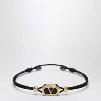 Valentino Garavani Bracciale con cordino nero e logo V smaltato oro
