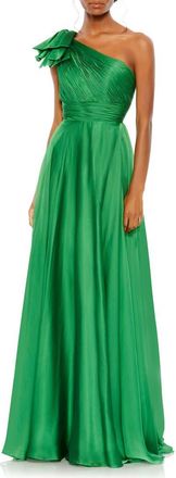Mac Duggal One Shoulder Pleated Chiffon Gown with Draped Waist and High Slit in Emerald at Nordstrom, Size 14