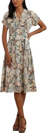 Lauren Ralph Lauren Print Belted Crepe Camp Shirtdress Womens Dress Cream : 12, Polyester