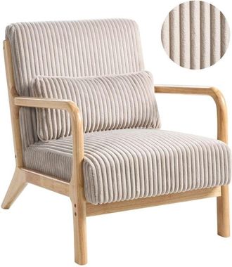 Beliani Armchair Beige Cordyroy Upholstery Wooden Frame Vintage Style Low Frame SORSELE