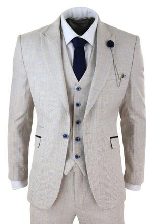Infinity Leather Mens 3 Piece Cream Check Tweed Herringbone Vintage Classic Suit - Size 46 (Chest)