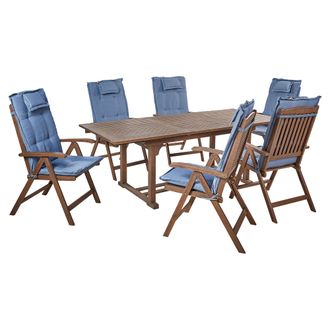 Beliani Conjunto De Jard&iacute;n R&uacute;stico 6 Plazas Mesa Extensible Sillas Reclinables Madera Acacia Oscura Con Cojines Azules Amantea