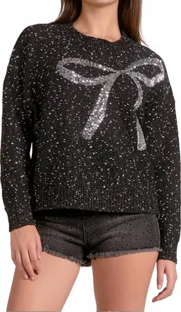 Elan Crew Neck Sweater With Sequin Bow In Black
