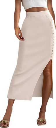 Generic Skirts for Women UK Elastic High Waist Split Causal Maxi Boho Button Skirt Summer Long Strectch Bodycon Length Skinny Skirts Casual Front Thigh Pencil