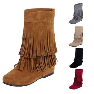 Generic Womens Cowboys Boots Fringe Cowboy Boots For Women Chunky Sole Tassel Boot Western Country Booties Mid High Suede Bootie For Ladies Mid Wide Calf Cowg